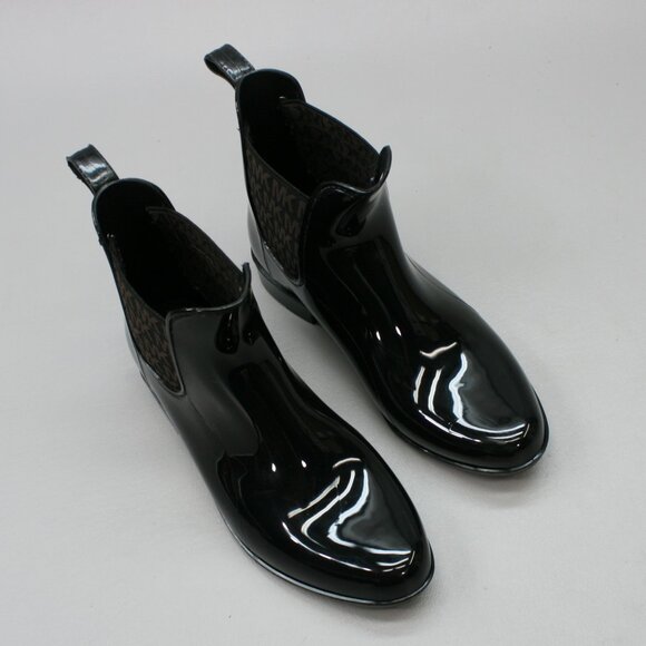 Michael Kors Ladies 8 Chelsea Charm Black PVC Brown Logo Rain Ankle Boots JH21G - Picture 6 of 12